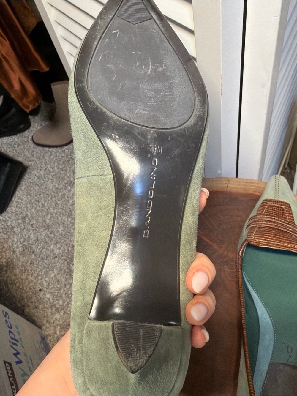 Pointed Toe Women's Flats in Olive Green with Brown Trim - Picture 4 of 6